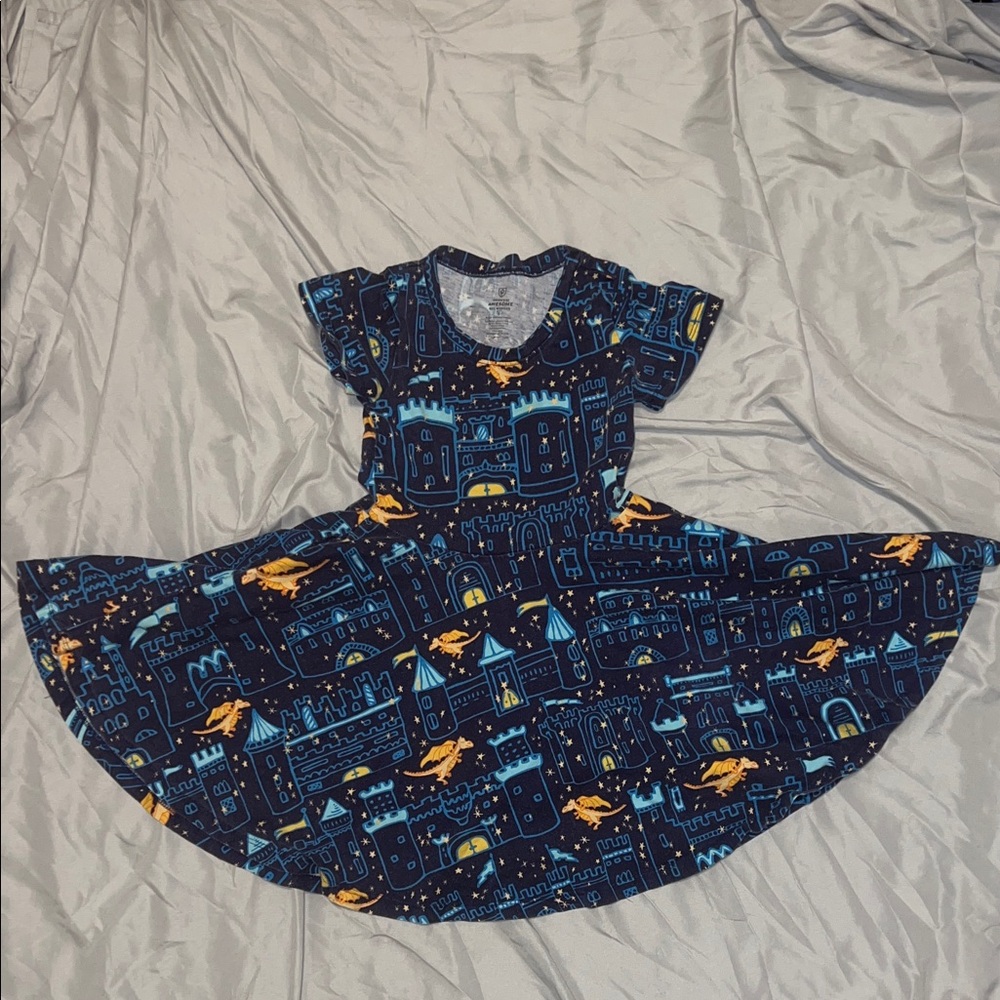 Princess Awesome Enchanting Blue Castle Dragon Print Kids Dress